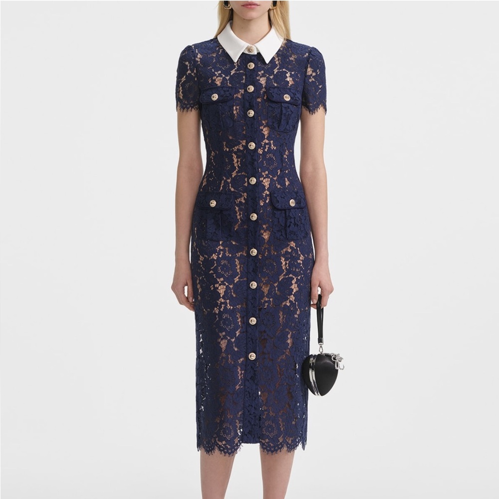 New Self-Portrait Navy Lace Midi Dress